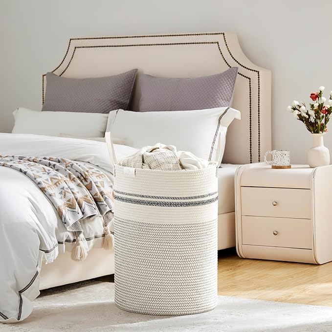 VIPOSCO Tall Laundry Basket, Large Dirty Clothes Hamper with Leather Handle, Woven Rope Storage Basket for Blanket, Toy In Living Room, Bathroom, Bedroom - 72L Stripe White