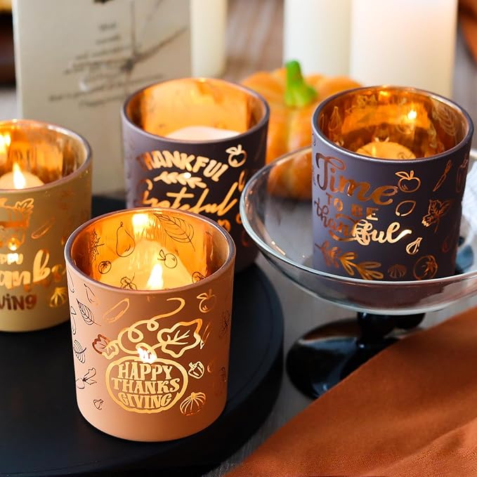 SHMILMH Glass Votive Candle Holders 4PCS Thanksgiving Tealight Candle Holders for Fall Table Centerpiece, Thanksgiving Decorations Indoor or Outdoor D閏or