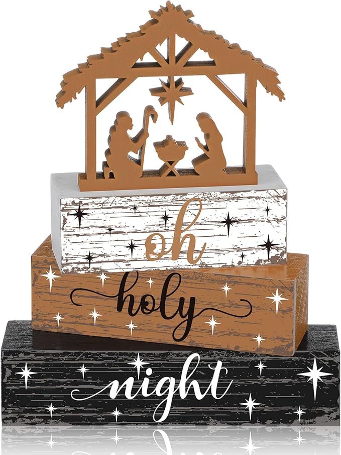 Geelin 4 Pieces Christmas Nativity Scene Table Decorations Xmas Wooden Silent Night Block Signs Holy Night Tabletop Centerpieces Farmhouse Tiered Tray Decor for Home Table Kitchen Shelf