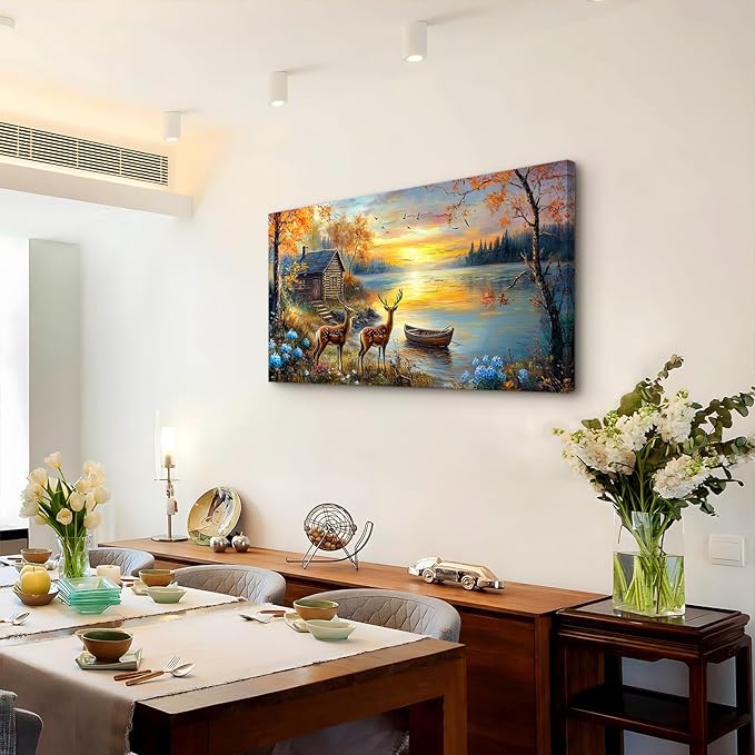 crmotu Animal Landscape Wall Art, Lake Sunset Scenery Large Artwork, Cottage Deer Flower Rustic Canvas Art Prints, Nature Autumn Scenic Paintings Wall Decor Living Room Bedroom Kitchen 20X40 In