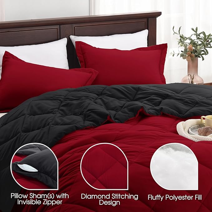 Basic Beyond Twin Comforter Set - Red Twin Comforter Set, Reversible Twin Bed Comforter Set for All Seasons, Black/Red, 1 Comforter (66"x92") and 1 Pillow Sham (20"x26"+2")