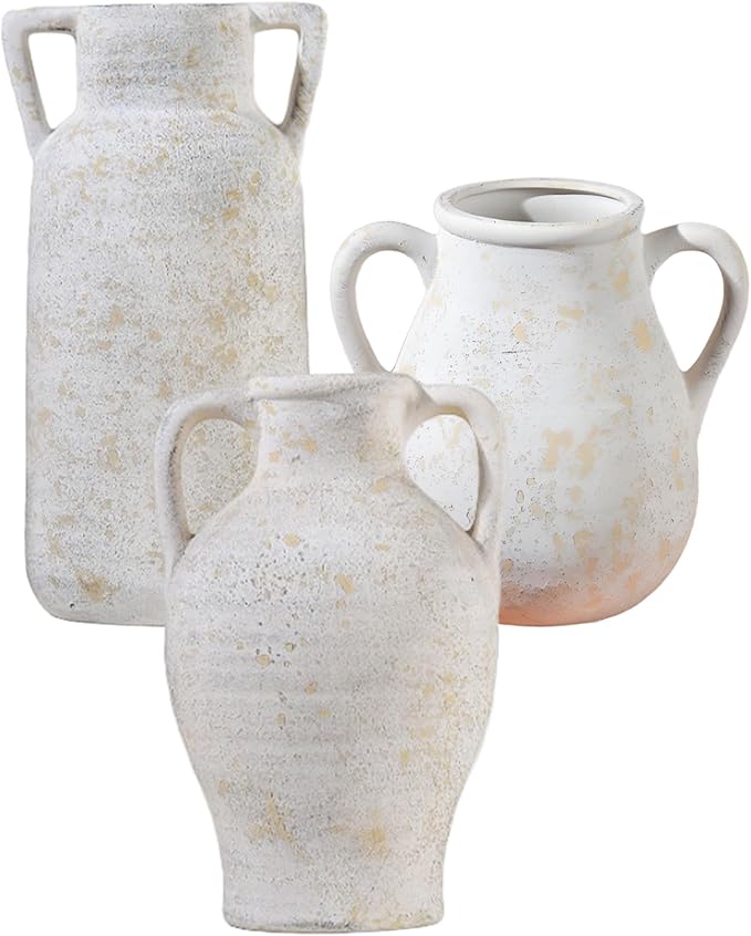 Beige Ceramic Vase Set of 3, Handmade Rustic Farmhouse Vases with Handles, Glazed Interior, Aged Eroded Texture Finish, Boho Home Decor for Table, Shelf, Mantel, Flower Arrangement