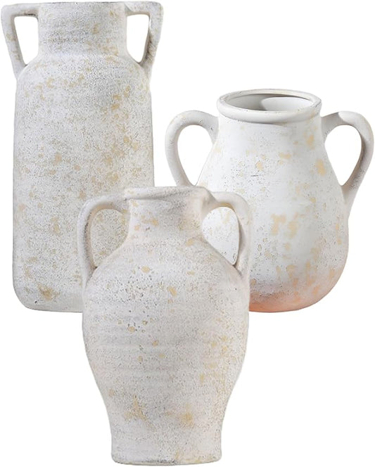 Beige Ceramic Vase Set of 3, Handmade Rustic Farmhouse Vases with Handles, Glazed Interior, Aged Eroded Texture Finish, Boho Home Decor for Table, Shelf, Mantel, Flower Arrangement