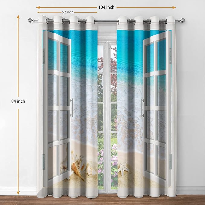 Jekeno Ocean Beach Blackout Curtains Tropical Scene Sea Waves Shell Starfish Conch View Through White Wooden Window Bedroom Living Room Decor Darkening Grommet Window Drapes 2 Panel Set, 52"x84"