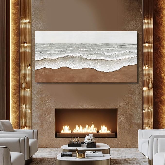 Textured Wall Decor Ocean Wall Painting White Line Wall Art Posters 29"x58" Large Pictures for Living Room Dining Room