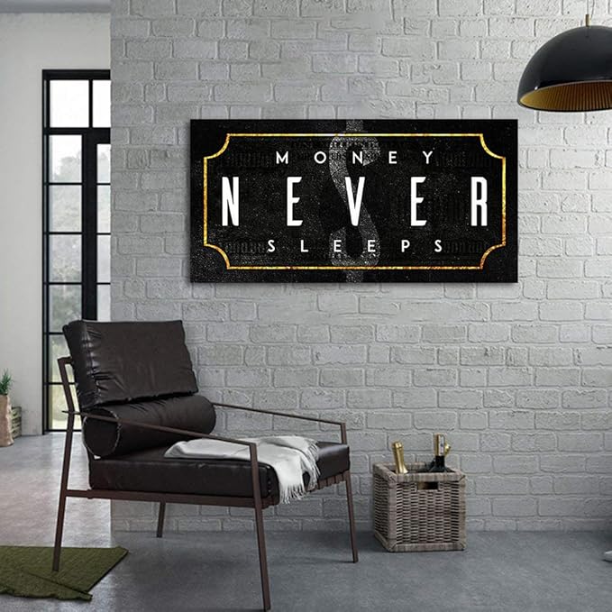Inspirational Office Canvas Wall Art with Positive Quotes Money Never Sleeps Artwork Black Background Nordic Western Paintings HD Print for Study Room Gym Wall Decor Framed Ready to Hang-40 Wx20 H