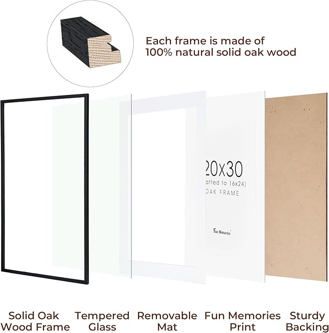20x30 Picture Frames in Black, 20"x30" Oak Wood Poster Frame, 20 x 30 Wood Frame with Real Glass, 20x30 Matted Frame for 16x24 Picture (Black, 1 Pack)
