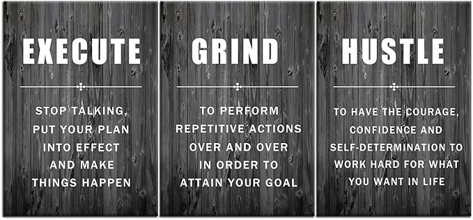 Execute Grind Hustle Inspirational Poster 3 Pieces Motivational Wall Art Canvas Prints Artwork for Living Room Modern Home Decor Painting Pictures Stretched and Framed Ready to Hang [60''Wx 28''H]