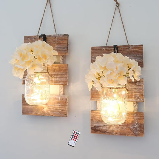 Besuerte Mason Jar Wall Sconces, Rustic Brown Wall Hanging Decor, LED Fairy Lights with Automatic On and Off 6-Hour Timer (Set of 2),Brown
