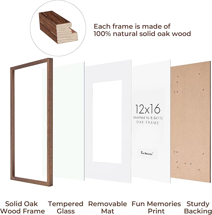 12x16 Picture Frames, Solid Oak Wood 12"x16" Picture Frame - Tempered Real Glass, 12x16 Frame Matted to 8.5x11, 12 x 16 Photo Frames for Wall, Rustic Wall Gallery Frame (Walnut Color, 3 Pack)