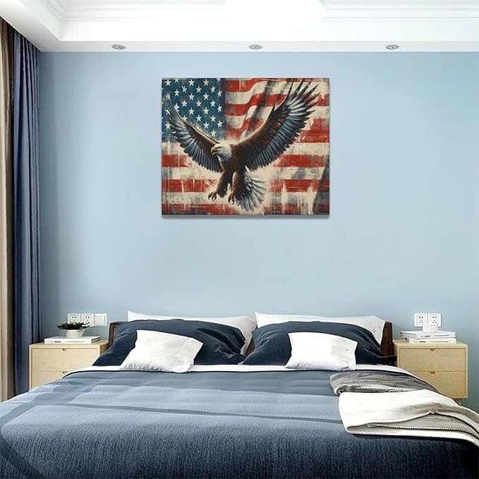 Large Bald Eagle Wall Art American Flag and Eagle Pictures Wall Decor Patriotic Motivational Bedroom Sign Canvas Painting Prints Modern Home Decoration Artworks Framed for Living Room Office 20"x16"
