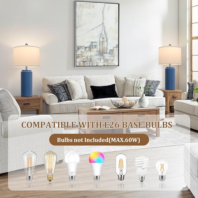 TOBUSA 23.5’’ Blue Table Lamps for Bedroom Set of 2, Modern Farmhouse Ceramic Bedside Nightstand Lamps for Living Room, Decorative Boho Ceramic Lamps Set for Home Office End Table Console, White Shade