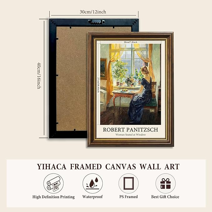 Yihaca Framed Wall Art Vintage Decor, Classical Woman Seated at Window Canvas Prints Vintage Painting Wall Art Decor for Bedroom,Living Room,Study-12''x16''in Vintage Brown Framed