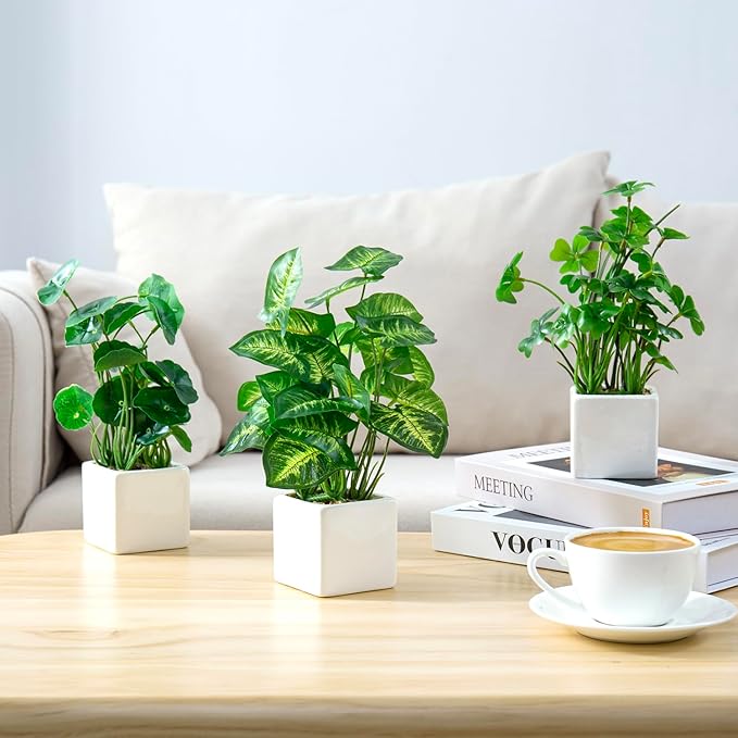 MyGift Set of 3 Artificial Plants, Faux Potted Plants Indoor, Small Fake House Plant in White Square Ceramic Pots for Shelf Decor