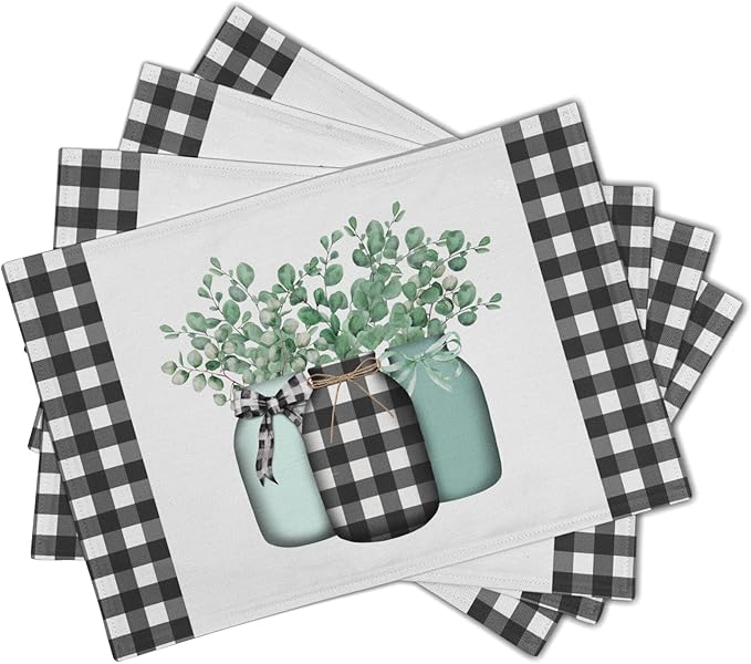 Spring Leaf Placemats 12×18 Inches Set of 4 Eucalyptus Leaf Black White Buffalo Check Seasonal Indoor Kitchen Dining Table Place Mats for Home Party Decoration