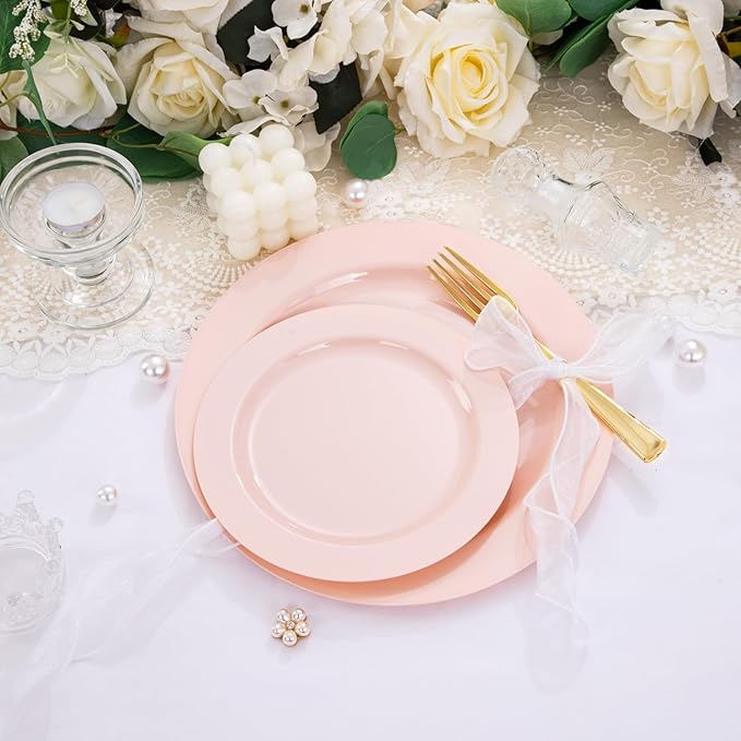 FLOWERCAT 60PCS Pink Plastic Plates - Heavy Duty Pink Plates Disposable for Party/Mother's Day/Wedding - serving 30 guests Include 30PCS 10.25inch & 30PCS 7.5inch
