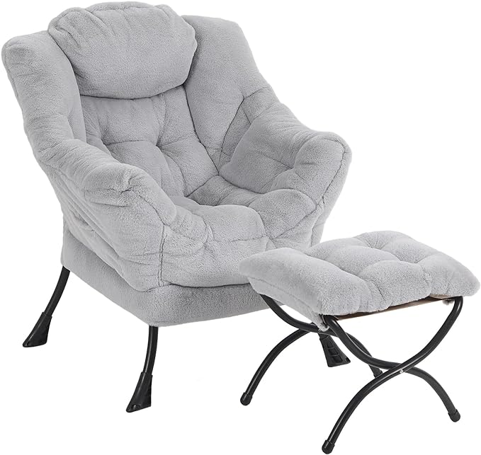 Lazy Chair with Ottoman, Modern Reading Chair with Folding Footrest, Comfortable Lounge Accent Chair for Bedroom, Study, Living Room, Courtyard (Plush Grey)