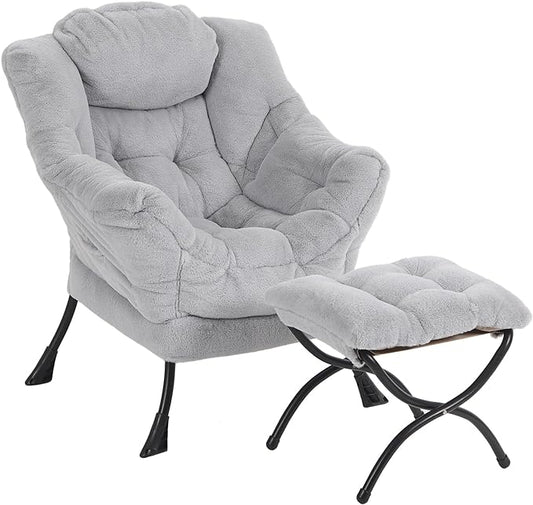 Lazy Chair with Ottoman, Modern Reading Chair with Folding Footrest, Comfortable Lounge Accent Chair for Bedroom, Study, Living Room, Courtyard (Plush Grey)