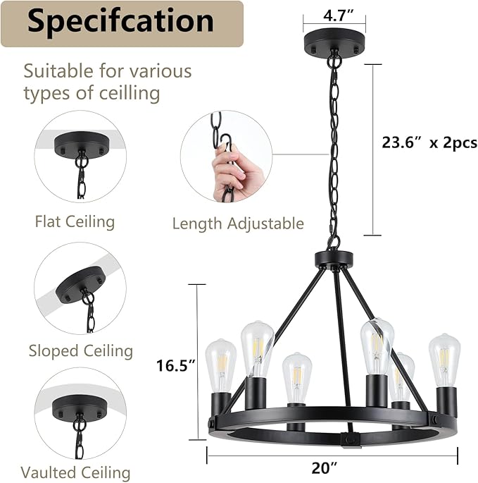 9MMML Black Wagon Wheel Chandelier, 6-Light Industrial Pendant Light, 20'' Farmhouse Ceiling Hanging Chandelier Light Fixture for Living Room, Bedroom, Entryway, Foyer