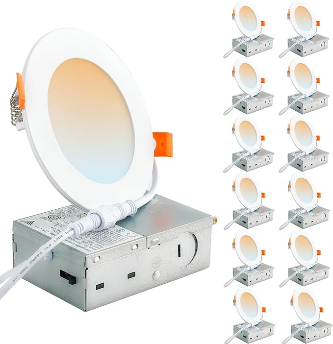 DLLT LED Recessed Ceiling Lights: 12 Pack 4 Inch 5CCT Ultra-Thin Lighting with Junction Box for Bedroom - 900LM Brightness 9W Eqv 90W Dimmable Canless Wafer Downlight with ETL&FCC