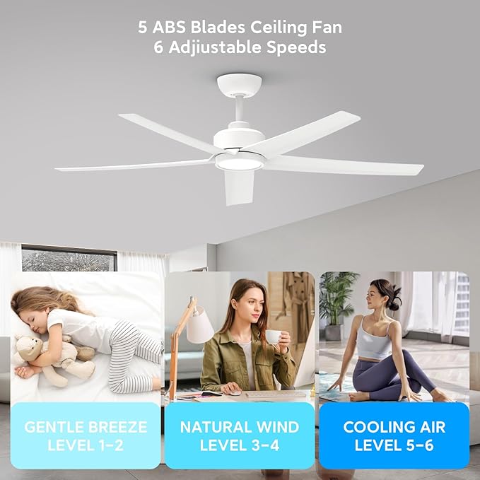 ocioc 2 Pack 52 inch Ceiling Fans with Lights and Remote Control, Ultra Quiet DC Motor, 3 Color Temperatures Modern Ceiling Fan for Bedroom Patio Indoor Covered Outdoor White