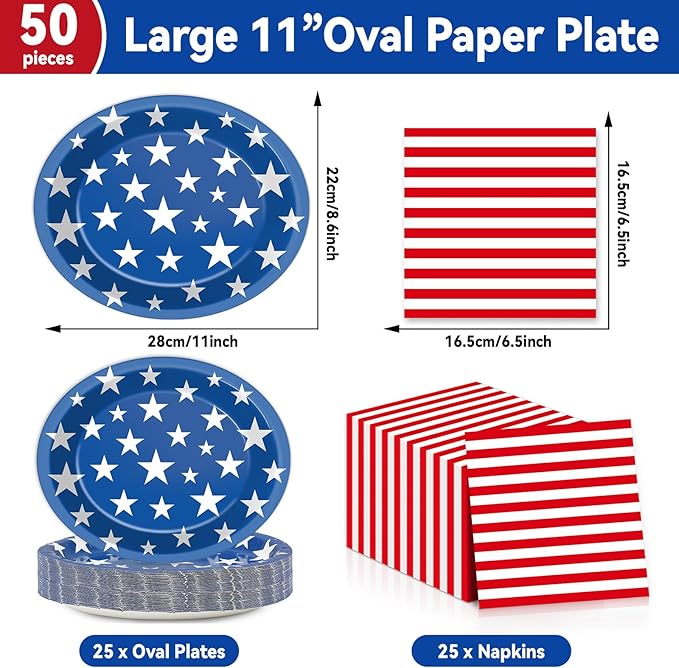 Patriotic Oval Paper Plates 11inch 4th of July American Flag Paper Plate and Napkin, Dish Tray Independence Party Decoration Supplies for Veterans Election Day Memorial Day Tableware, 25 Guest
