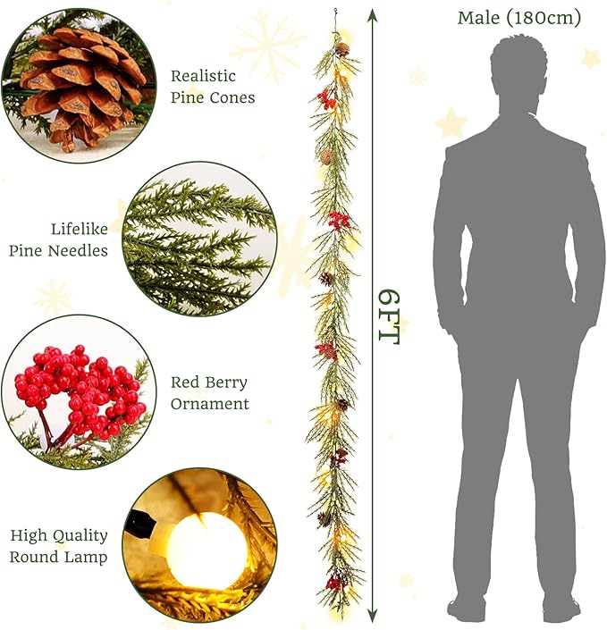 Christmas Garland with Lights, 6FT Artificial Red Berry Xmas Garland and Pine Cones, Battery Operated for Mantle, Front Door, Stairs Railing, Home Holiday, Indoor, Outdoor Decoration