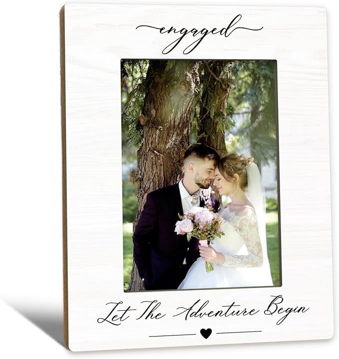 Engagement Picture Frame 5x7, Wedding Photo Frame, Just Engaged Married Gifts for Couples Bride Groom, Engaged Let the Adventure Begin Wooden Picture Photo Frames for Desk Home Room Decor