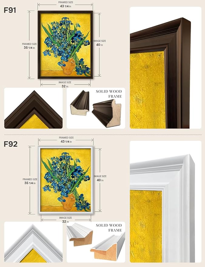 DECORARTS - Irises in a Vase by Vincent Van Gogh, Large Giclee Canvas Print with Solid Wood Frame, Oversized Wall Art Decor