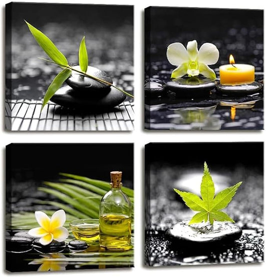Yxbhhym-Black Art Zen Canvas Wall Art Meditation Wall Picture Green Poster Stone photo prints Massage Painting bathroom pictures for wall Living Room Wall Decor Bedroom Decorations Framed