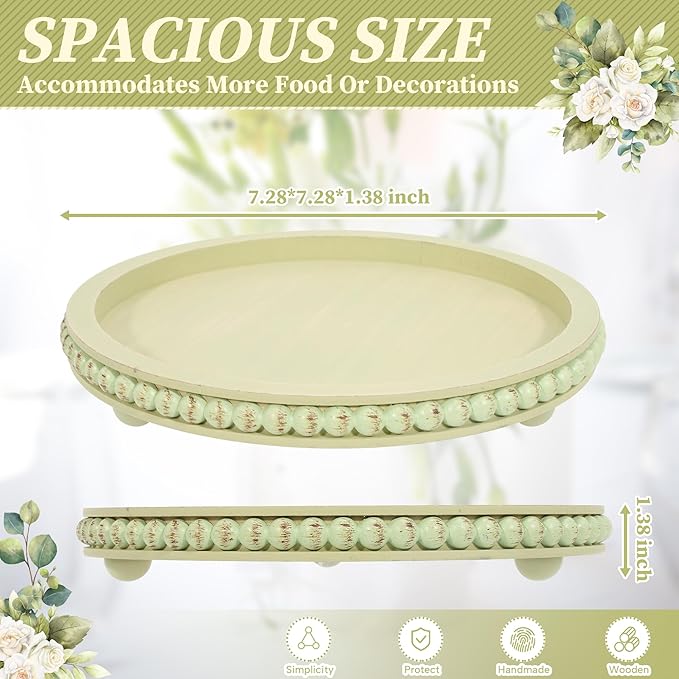 HPC Decor 12in Round Mint Green Wood Beaded Tray - Decorative Living Room, Coffee Table, Kitchen Table, Dining Room or Farmhouse Serving Tray