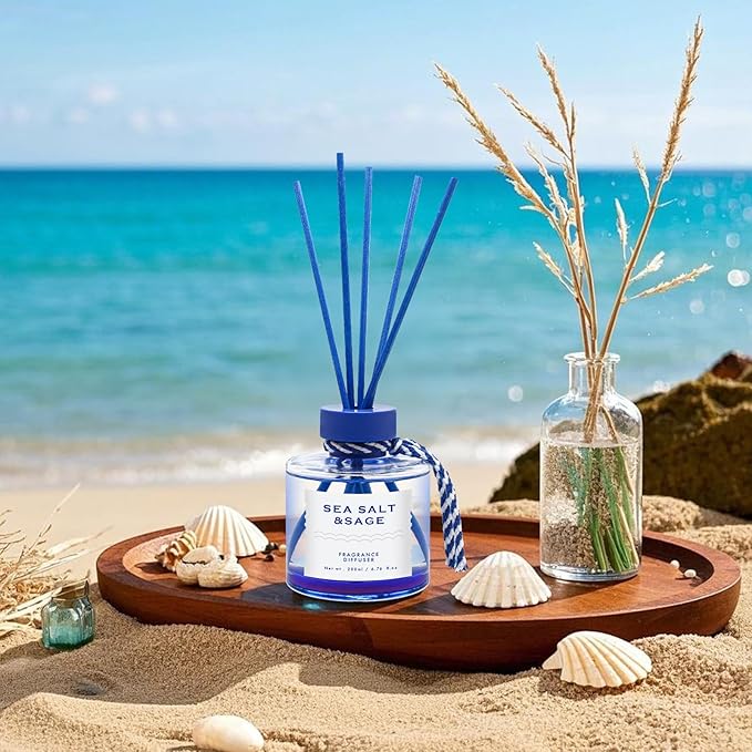 Sea Salt Reed Diffuser, 6.77OZ/200ML Large Capacity Natural Non-Toxic Oil, Long-Lasting Fragrance Reed Diffusers Set for Home and Bathroom, Aroma with 5 Reed Diffuser Sticks Gifts