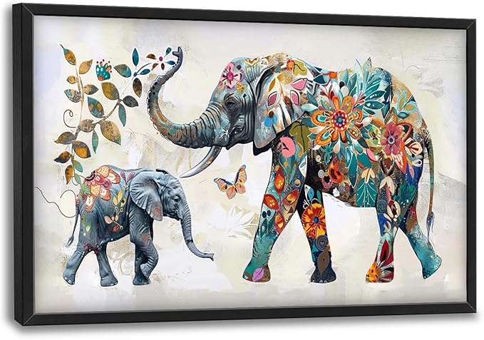 Abstract Elephant Large Framed Wall Art Floral Elephants Pictures Oversized Wall Decor Flower Leaf Butterfly Canvas Print Painting Aesthetic Modern Artwork for Living Room Bedroom Office Bathroom Home Decor 36L"x24W"