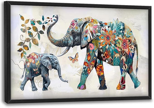 Abstract Elephant Large Framed Wall Art Floral Elephants Pictures Oversized Wall Decor Flower Leaf Butterfly Canvas Print Painting Aesthetic Modern Artwork for Living Room Bedroom Office Bathroom Home Decor 36L"x24W"