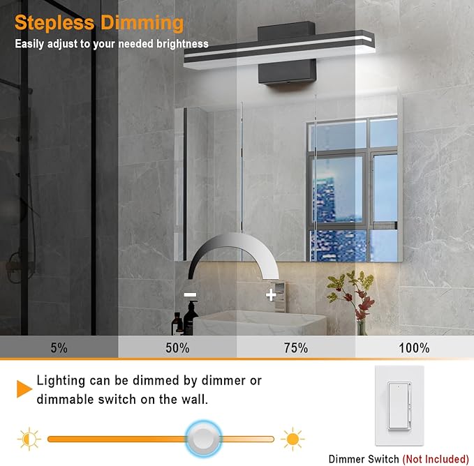 SineRise LED Modern Bathroom Vanity Light Fixtures (16-Inch, 3000K/4000K/6000K, Dimmable), Matte Black Modern Acrylic Bathroom Wall Lighting Fixtures Over Mirror