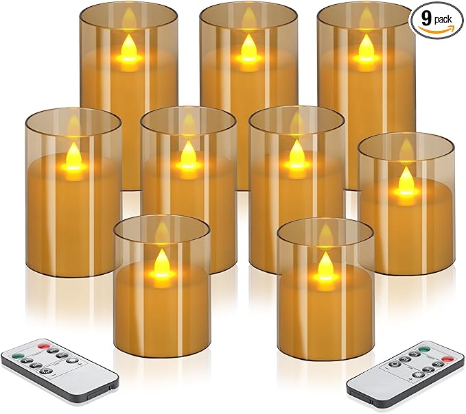 Flameless Candles 4" 5" 6" Acrylic Glass Pillars 3" Diameter Battery Operated Flickering Candles Include Remote with 24Hour Timer Function 400+ Hours by 2 AA Batteries (Amber, Warm Light 9 Pack)