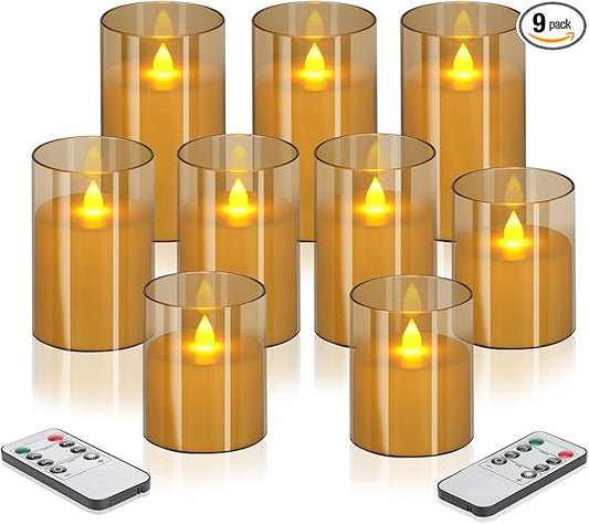 Flameless Candles 4" 5" 6" Acrylic Glass Pillars 3" Diameter Battery Operated Flickering Candles Include Remote with 24Hour Timer Function 400+ Hours by 2 AA Batteries (Amber, Warm Light 9 Pack)