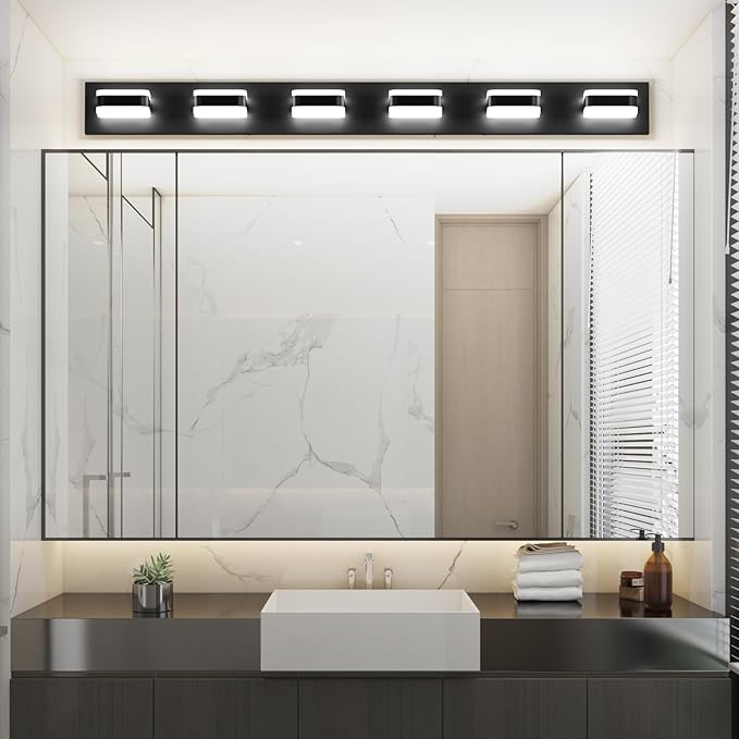 Tipace LED Modern Bathroom Vanity Light Fixtures (6-Light, 47.2-Inch),Acrylic Black Bathroom Wall Lighting Fixtures Over Mirror (Cool White 5500K) with Rotatable Vanity Lights Heads
