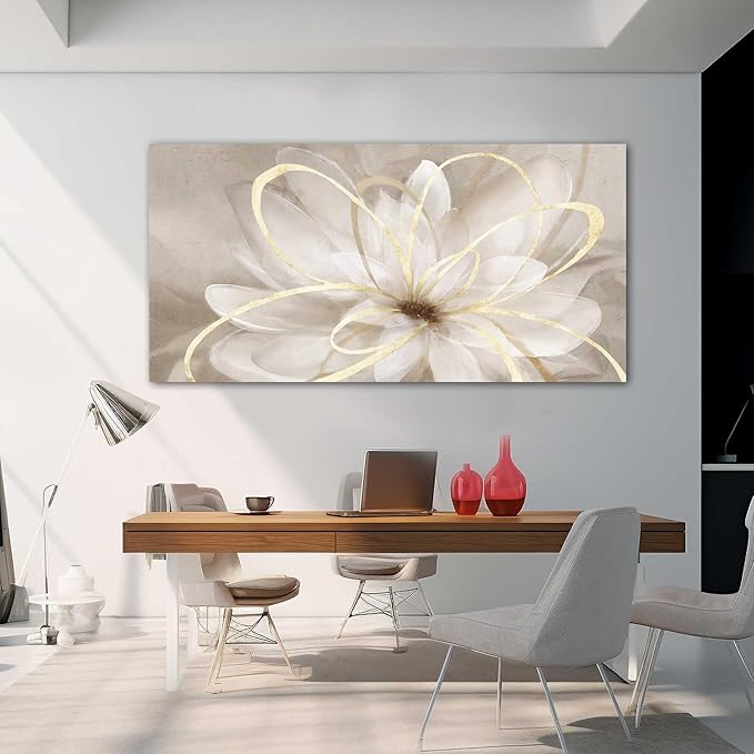 Kureful Gold Wall Decor Floral Canvas Wall Art Flower Pictures for Wall Grey Background Office Wall Decorations 24"x48" Art for Home Kitchen Hotel