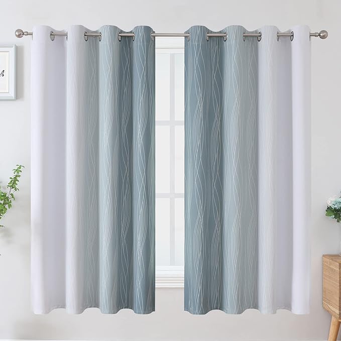 Estelar Textiler Stone Blue and Greyish White Blackout Curtains 63 Inch Length 2 Panels Set, Room Darkening Grommet Ombre Curtains for Bedroom, Thermal Insulated Light Blocking Gradient Drapes,52Wx63L