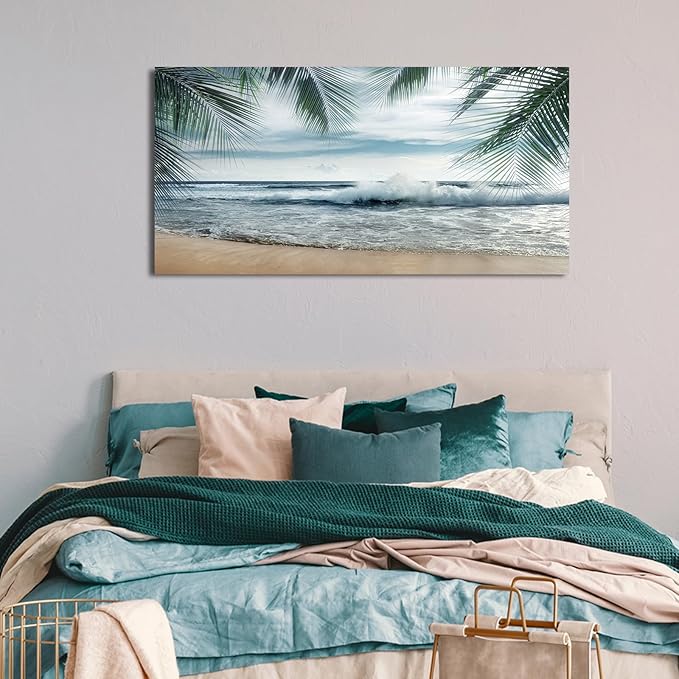 arteWOODS Tropical Beach Canvas Wall Art - Ocean Waves Pictures Coastal Oceanic Blue Sky and Sea Print Seaside Palm Tree Leaves Scene Painting Artwork Living Room Bedroom Office Home Decor 24" x 48"