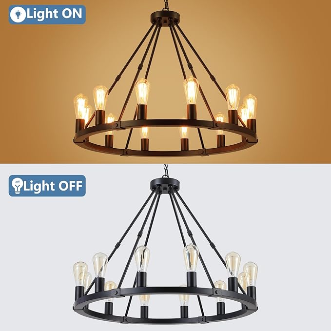 9MMML 12 Lights Black Wagon Wheel Chandelier, Industrial Farmhouse Globe Kitchen Island Pendant Light, Globe Dining Room Lights Fixtures for Foyer Entryway Living Room. E26, Height Adjustable,31.5".