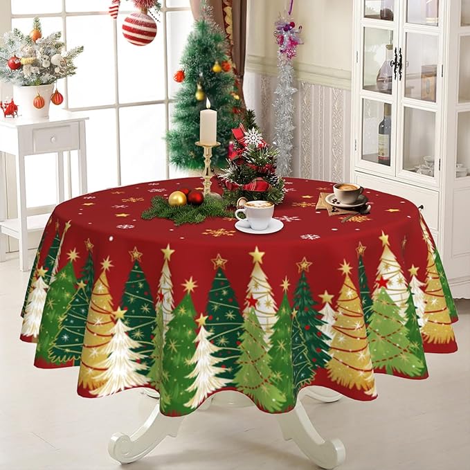Christmas Round Tablecloth 60x60 Inch Xmas Snowflakes Trees Table Cover Holiday Decorations Seasonal Decor for Home Kitchen Dining Room Picnic Party Winter Red