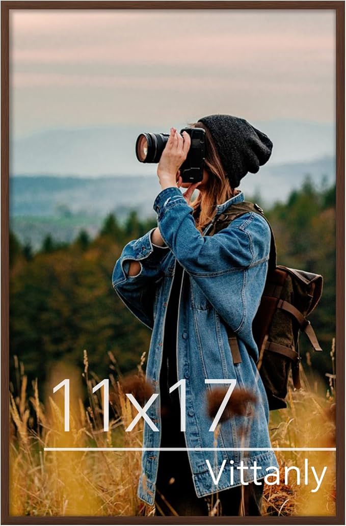 Vittanly 11x17 Picture Frame for Wall, Plexiglass, Displays Poster 8x12 with Mat or 11x17 without Mat, PVC Frame Material, Horizontal or Vertical Hanging, 1 Pack, Brown