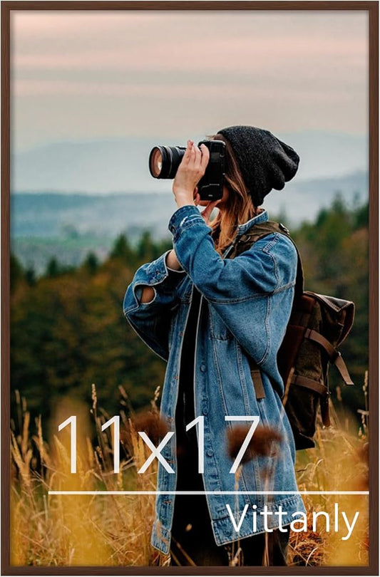 Vittanly 11x17 Picture Frame for Wall, Plexiglass, Displays Poster 8x12 with Mat or 11x17 without Mat, PVC Frame Material, Horizontal or Vertical Hanging, 1 Pack, Brown