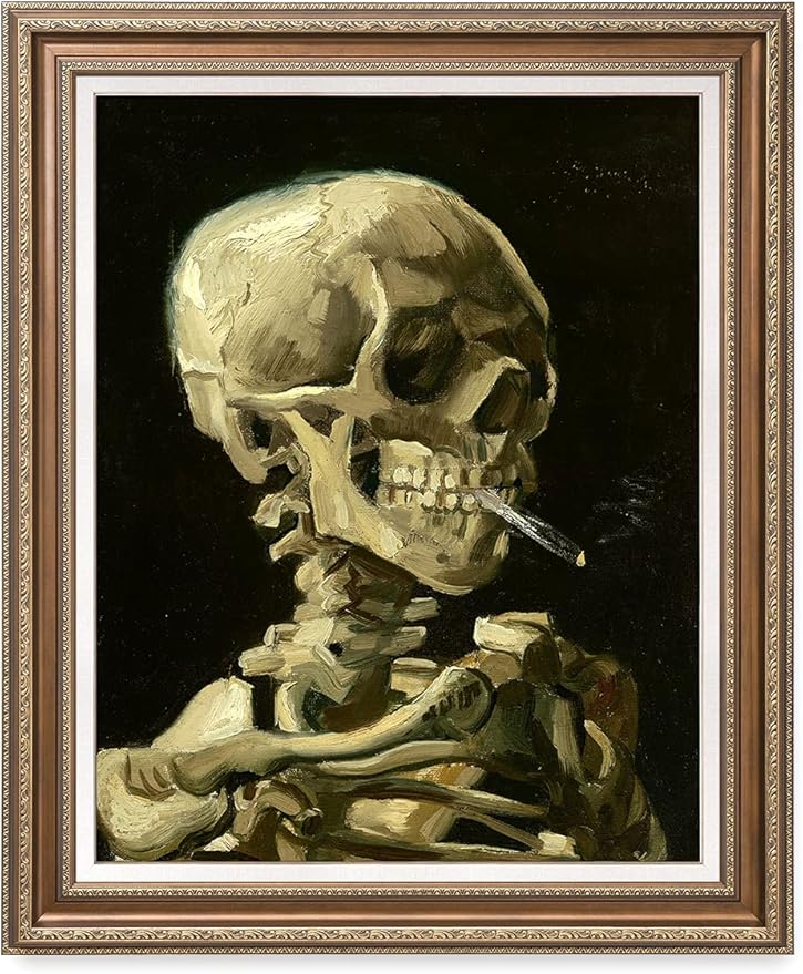 DECORARTS - Head of a Skeleton with a Burning Cigarette, Vincent Van Gogh Art Reproduction. Acid Free Cotton Canvas Giclee Print w/Bronze Frame&Mat for Wall Decor.