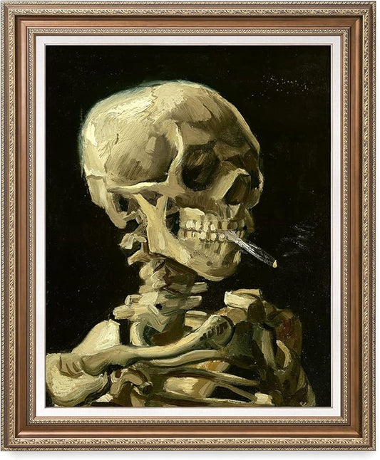 DECORARTS - Head of a Skeleton with a Burning Cigarette, Vincent Van Gogh Art Reproduction. Acid Free Cotton Canvas Giclee Print w/Bronze Frame&Mat for Wall Decor.