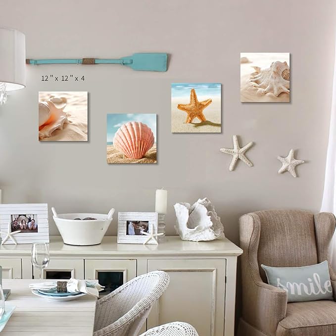 Beach Seashell Canvas artwork Painting: Coastal Seascape Conch Wall Art Print on Canvas for Bathroom (12” x 12'' x 4 Panels)