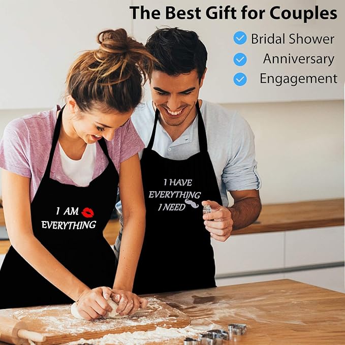 YIKA Apron Couples, Valentines Day Gifts for Couples: Waterproof Aprons for Women Men, with Adjustable Neck Strap with Extra Long Ties, 2 Pockets (Black)