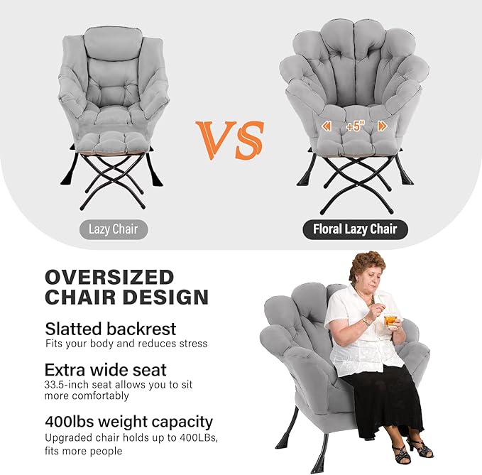 Lazy Chair with Ottoman, Modern Floral Reading Chair with Folding Footrest, Lounge Accent Chairs, Comfortable Oversized Armchairs for Bedroom, Living Room, Courtyard, Light Grey